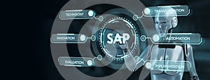 SAP System Software Automation concept on virtual screen data center. Robot pressing button on virtual screen. 3d render