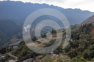 Sapa town viewing from aerial, the transporation to Fansipan cable car station in Sapa town, Vietnam