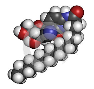 Sapacitabine cancer drug molecule (nucleoside analog). 3D rendering. Atoms are represented as spheres with conventional color