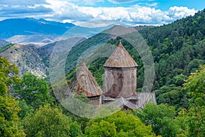 Sapara Monastery in mountains near Georgian town Akhaltsikhe