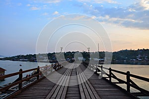 Saphan Mon wooden bridge Broken at sunset time