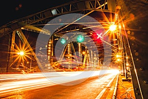 Saphan Phut Memorial Bridge - Night Scene Bridge light tail Thailand Bangkok Landmark.