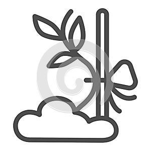 Sapling sprout tied to prop line icon, gardening concept, plant tied to stick vector sign on white background, outline