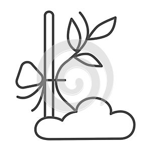 Sapling sprout tied to prop thin line icon, gardening concept, plant tied to stick vector sign on white background