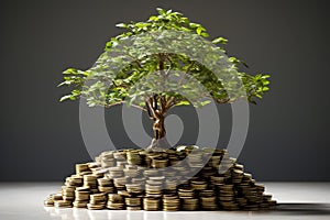 The saplings that grow on the pile of coins include the white light flooding the trees, business ideas, saving money, and economic