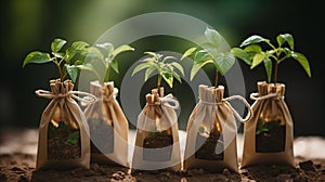 Saplings placed in packages made of recycled materials