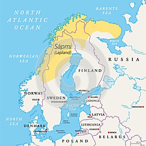 Sapmi, Lapland, cultural region in Europe, political map