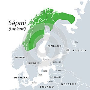 Sapmi, Lapland, cultural region in Europe, gray political map photo