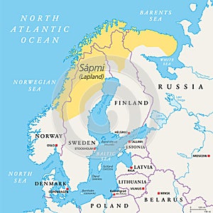 Sapmi, Lapland, cultural region in Europe, political map photo