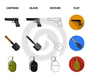 Sapper blade, hand grenade, army flask, soldier boot. Military and army set collection icons in cartoon,black,outline