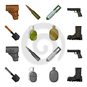 Sapper blade, hand grenade, army flask, soldier boot. Military and army set collection icons in cartoon,monochrome style