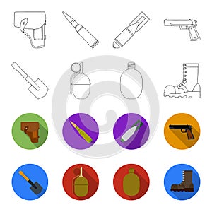 Sapper blade, hand grenade, army flask, soldier boot. Military and army set collection icons in outline,flat style