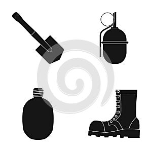 Sapper blade, hand grenade, army flask, soldier`s boot. Military and army set collection icons in black style vector