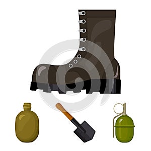 Sapper blade, hand grenade, army flask, soldier`s boot. Military and army set collection icons in cartoon style vector photo