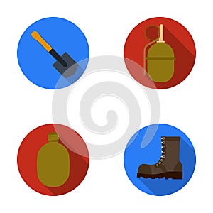 Sapper blade, hand grenade, army flask, soldier`s boot. Military and army set collection icons in flat style vector