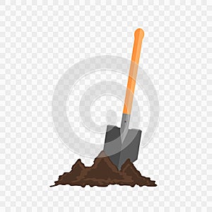 Sapper shovel in the ground. Gardening tool on checked background photo