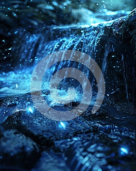 Sapphire beacon beside a mountain stream, illuminating the flowing water at night, ethereal blue tones, detailed close-up, magical