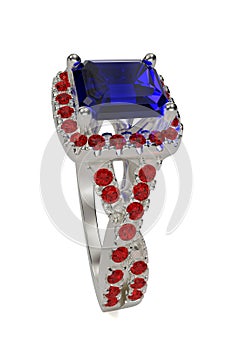 Sapphire Ring isolated on pink background. 3D illustration