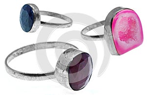 Sapphire, Ruby and Agate Druzy Silver Gemstone Rings