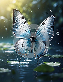 Sapphire Wings Symphony: AI-Rendered Butterfly among droplets