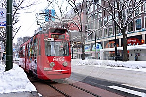 SAPPORO, JAPAN - JAN 13, 2017: Tram in Sapporo downtown, the best convenient transportation