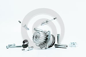 Sapre parts. Auto motor mechanic spare or automotive piece on white background. Set of new metal car part. Automobile engine