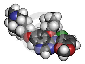 Saracatinib drug molecule. Dual kinase inhibitor, inhibiting both Src and Bcr-Abl tyrosine kinases. 3D rendering. Atoms are