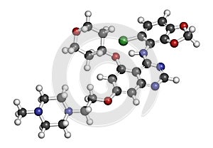 Saracatinib drug molecule. Dual kinase inhibitor, inhibiting both Src and Bcr-Abl tyrosine kinases. 3D rendering. Atoms are