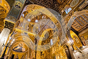 Saracen arches and Byzantine mosaics within Palatine Chapel of the Royal Palace in Palermo