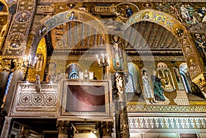 Saracen arches and Byzantine mosaics within Palatine Chapel of the Royal Palace in Palermo