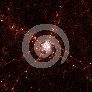 Saragosa city lights map, top view from space. Aerial view on night street lights. Global networking, cyberspace photo