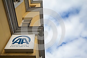 SARAJEVO, BOSNIA HERZEGOVINA - APRIL 17, 2017: Logo of Anadolu Agency on their Bosnian main office in Sarajevo.