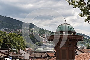 Sarajevo, Bosnia and Herzegovina, Bascarsija, Sebilj, fountain, old town, square, mosque, minaret, skyline, bazaar, market