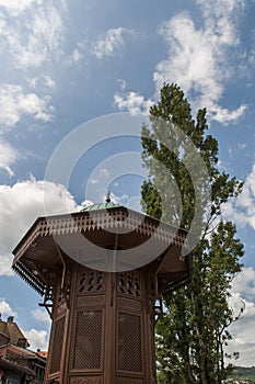 Sarajevo, Bosnia and Herzegovina, Bascarsija, Sebilj, fountain, old town, square, mosque, minaret, skyline, bazaar, market