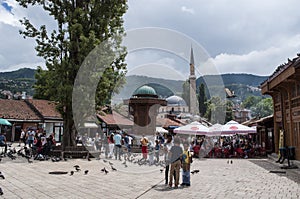 Sarajevo, Bosnia and Herzegovina, Bascarsija, Sebilj, fountain, old town, square, mosque, minaret, skyline, bazaar, market