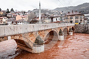 Sehir Kayhasi or Seher Cehaya stone bridge built during the Ottoman period over Miljacka River in Sarajevo, Bosnia and Herzegovina