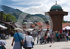 Sarajevo, Bosnia and Herzegovina, Bascarsija, Sebilj, fountain, old town, square, mosque, minaret, skyline, bazaar, market