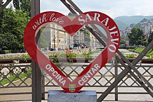 Sarajevo heart on Eiffel bridge at Skenderija.With love Sarajevo simbol. Bosnia and Hercegovina