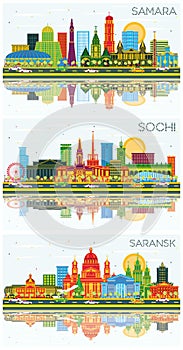 Saransk, Samara and Sochi Russia City Skyline with Color Buildings, Blue Sky and Reflections