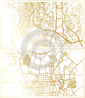 Saransk and Sochi Russia City Map Set in Retro Style in Golden Color