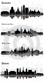 Saransk, Sochi, Samara and Rostov-on-Don Russia City Skyline Silhouettes with Black Buildings and Reflections Isolated on White