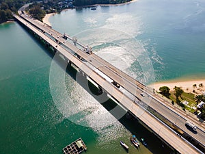 Sarasin Bridge Phuket Thailand. Aerial view Sarasin bridge high way road transportation on sea water. At Phuket Thailand.