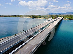 Sarasin Bridge Phuket Thailand. Aerial view scene of Sarasin bridge high way road transportation on sea water. At Phuket Thailand