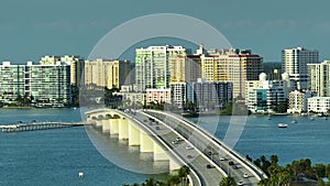 Sarasota city downtown with Ringling Bridge and expensive waterfront high-rise buildings in Florida. Urban travel