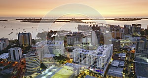 Sarasota city, Florida with waterfront office high-rise buildings and John Ringling Causeway. Development of housing and