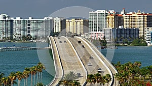 Sarasota Florida with waterfront office buildings and John Ringling Causeway from downtown to St. Armands Key