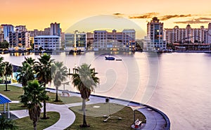 Sarasota skyline at dawn with orange sky photo