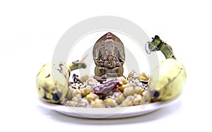 Saraswathi Pooja and Ayudha Pooja Celebrations - Cooked chickpeas, banana on black background.