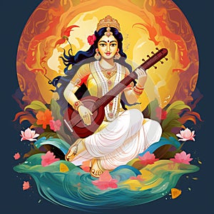 Saraswati devi Goddess, Happy Vasant Panchami Indian festival, Goddess Maa Saraswati. Ai Generated