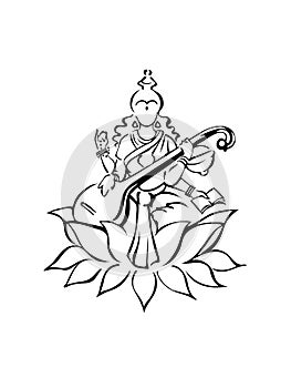 Saraswati, Hindu goddess of knowledge, sitting on lotus with veena, book, pot, beads. Modern outline symbol